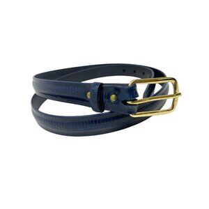 Womens Navy Blue Skinny Animal Print Slim Belt Gold Tone Buckle 34.5"- 38" Retro